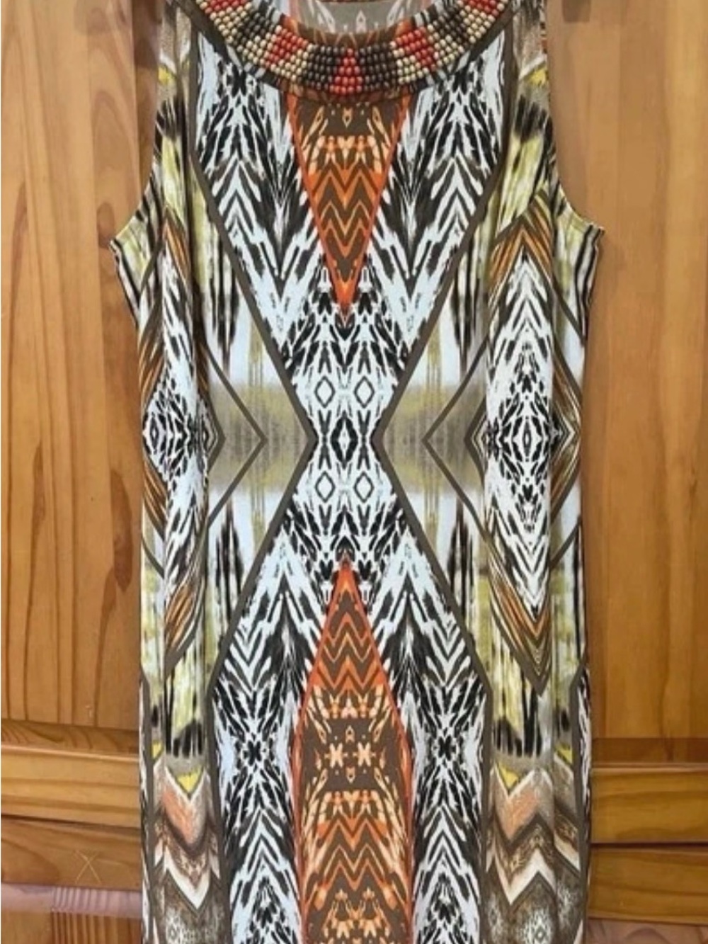 Sleeveless Bohemian Tribal Print Shift Dress in Brown and Orange